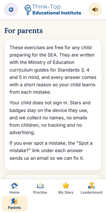 SEA practice app: A page just for parents