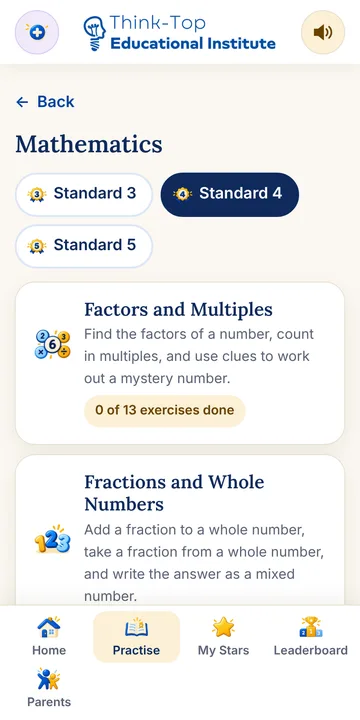 SEA practice app: Pick a subject and topic