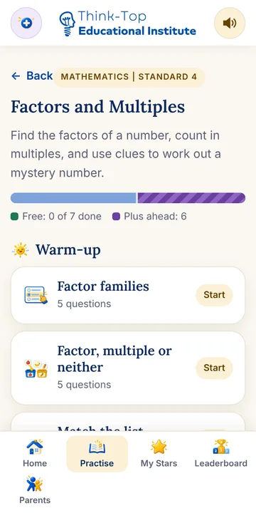 SEA practice app: Exercises inside a topic