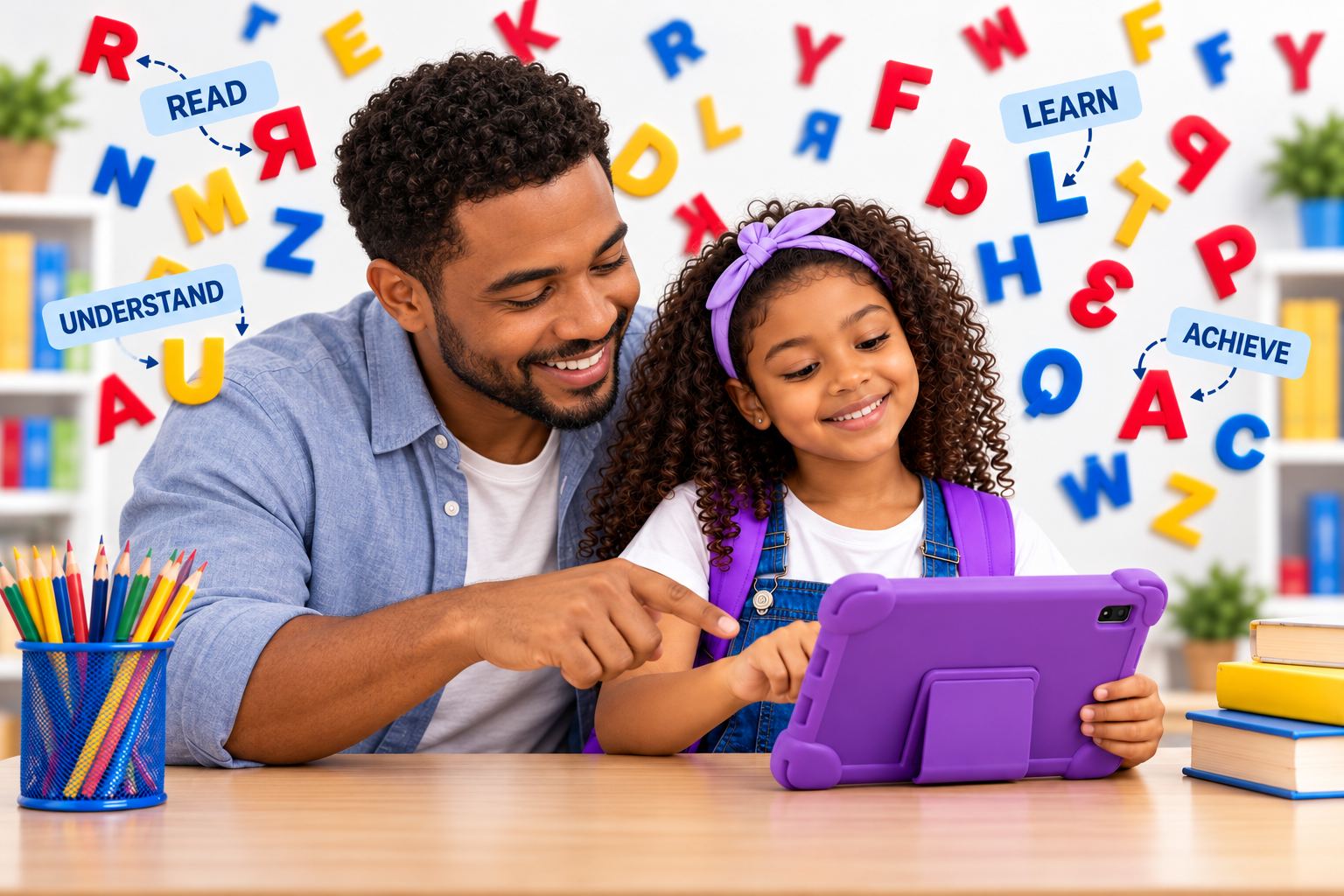 A father and his daughter practising reading sounds together on a tablet, with colourful letters on the wall behind them
